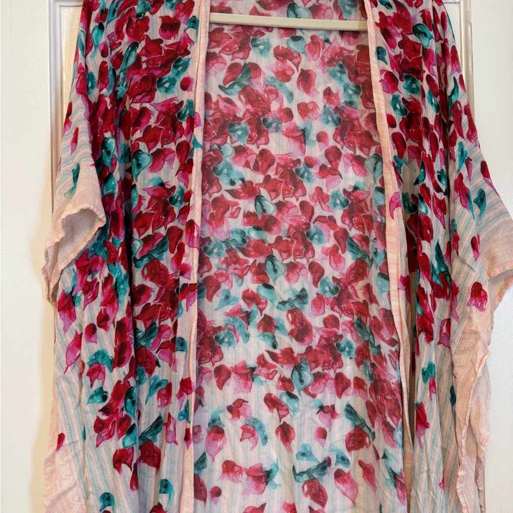 Anthropologie Floral Kimono with Red and Teal Accents